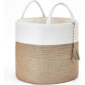 Woven Storage Basket Decorative Natural Rope Basket Wooden Bead Decoration